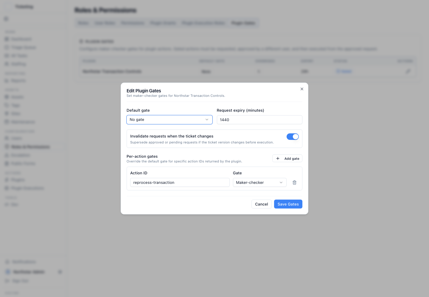 Latch Plugin Gates settings with a maker-checker override for reprocess-transaction, a 1,440-minute expiry, and ticket-change invalidation enabled