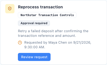 Latch ticket action card showing Maya Chen's synthetic transaction reprocess request awaiting approval
