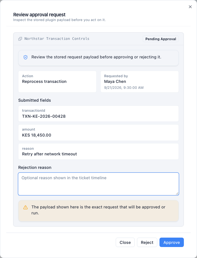 Latch approval review dialog showing Maya Chen, transaction TXN-KE-2026-00428, KES 18,450.00, the retry reason, and Approve and Reject buttons