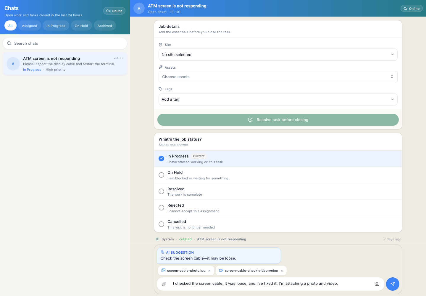 A desktop field-work view with assigned cases on the left and the active engineer conversation on the right