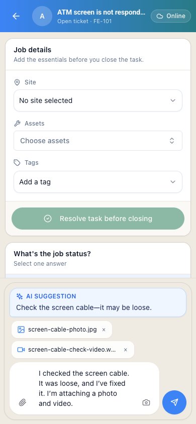 A mobile field conversation where the assistant suggests checking the screen cable and the engineer replies with the verified fix
