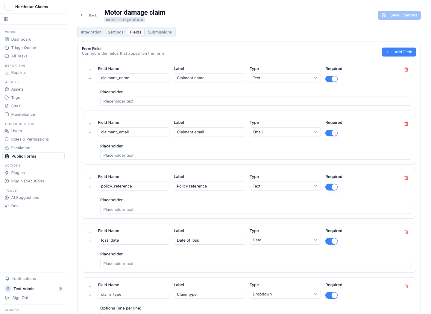 Motor claim intake form with required claimant, policy, loss date, claim type, claimed amount, damage, and photo fields