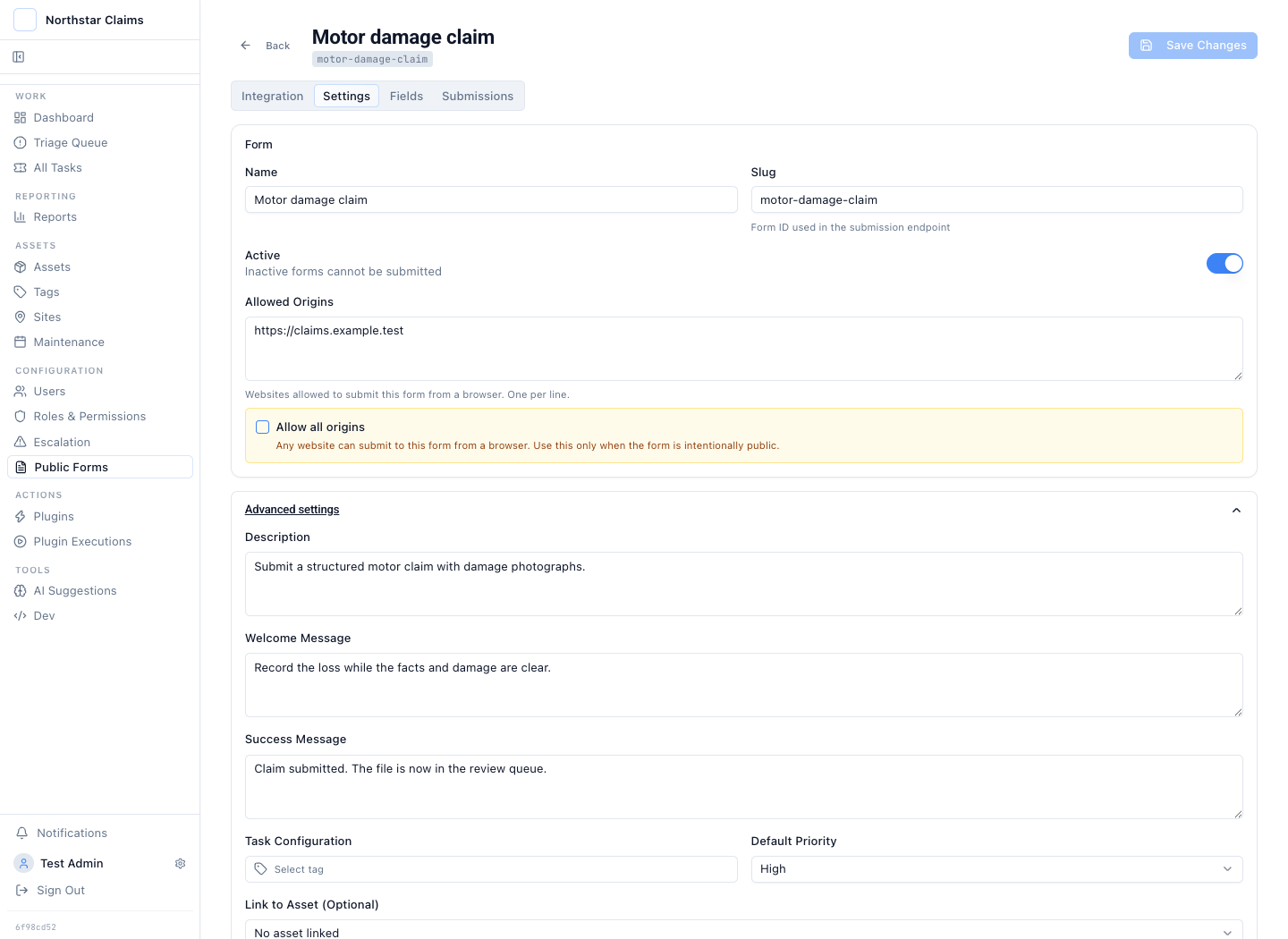 The claim form settings with classification, priority, attachment controls, and submission rules.