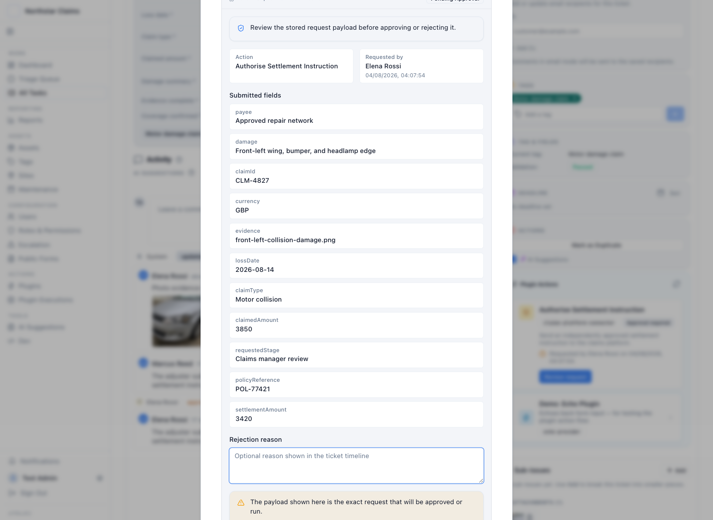 Maker-checker review dialog showing the exact motor claim settlement instruction before approval
