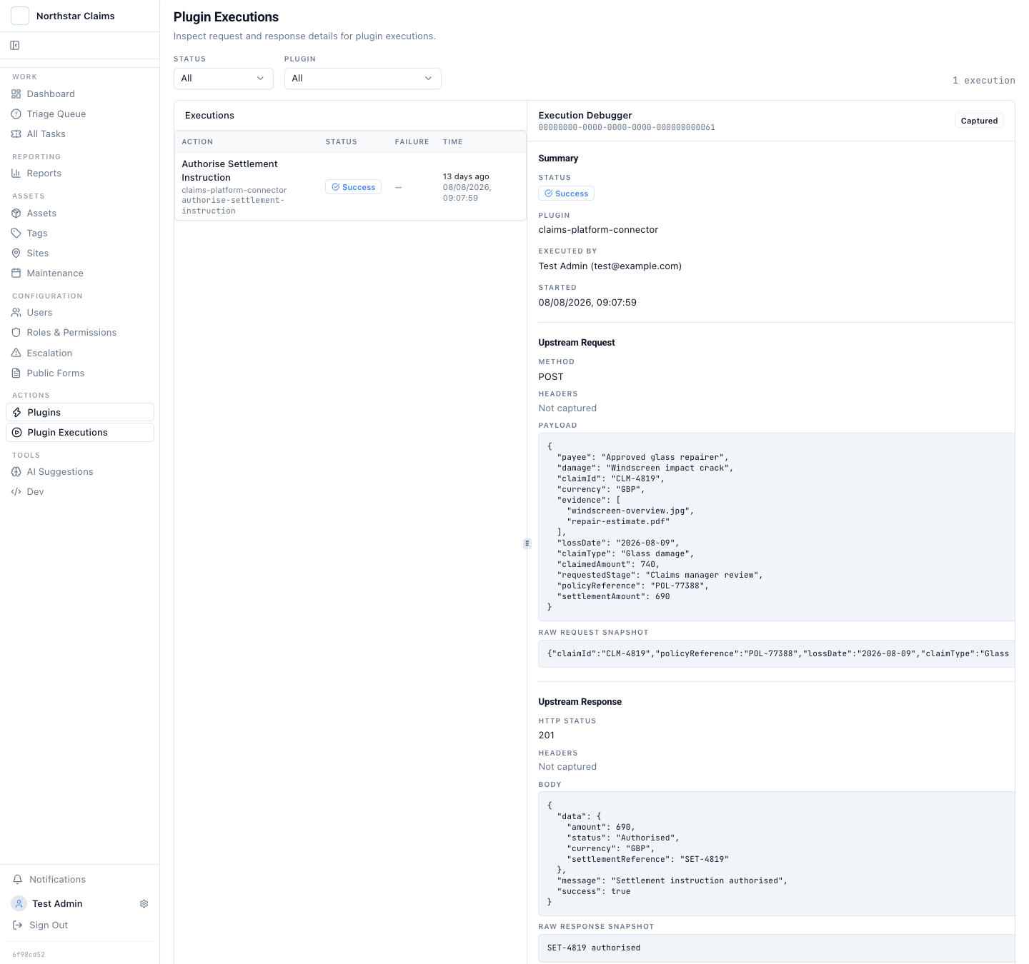 Plugin execution result showing the approved motor claim settlement instruction and the returned upstream settlement reference