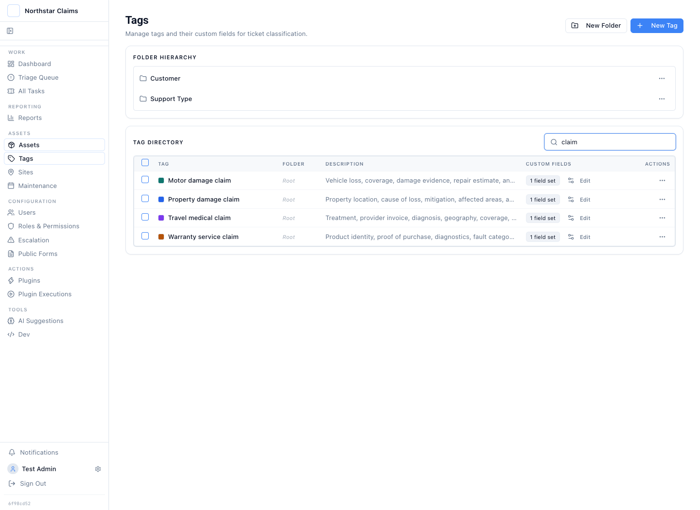 Custom claim type directory showing motor, property, travel medical, and warranty claim checklists