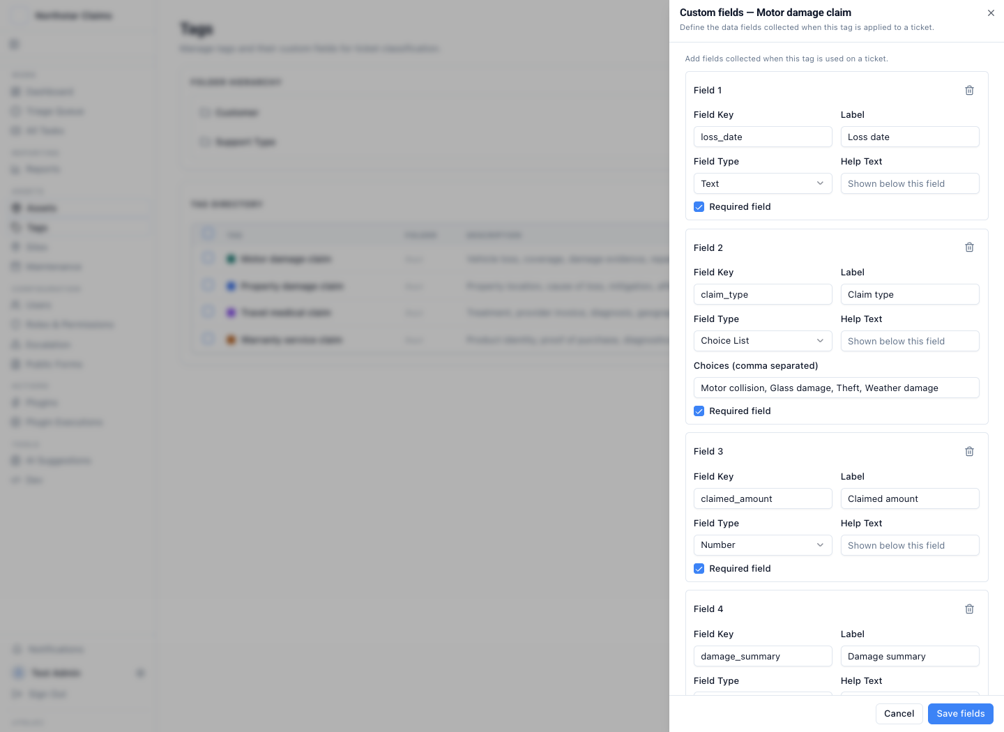 Motor damage claim checklist editor showing required dates, choices, amounts, evidence, and coverage fields