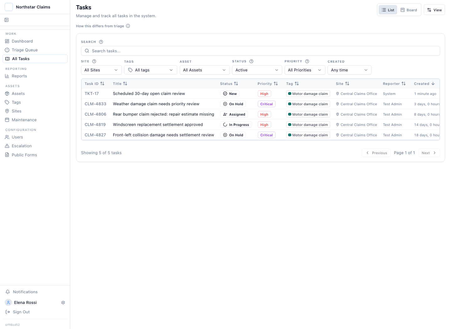 Support staff claims queue showing motor claims with status, priority, type, and ownership