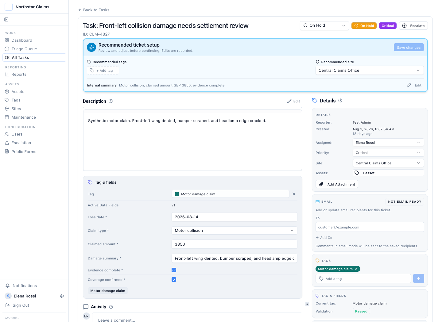 Support staff motor claim case showing required loss, amount, evidence, and coverage checklist fields