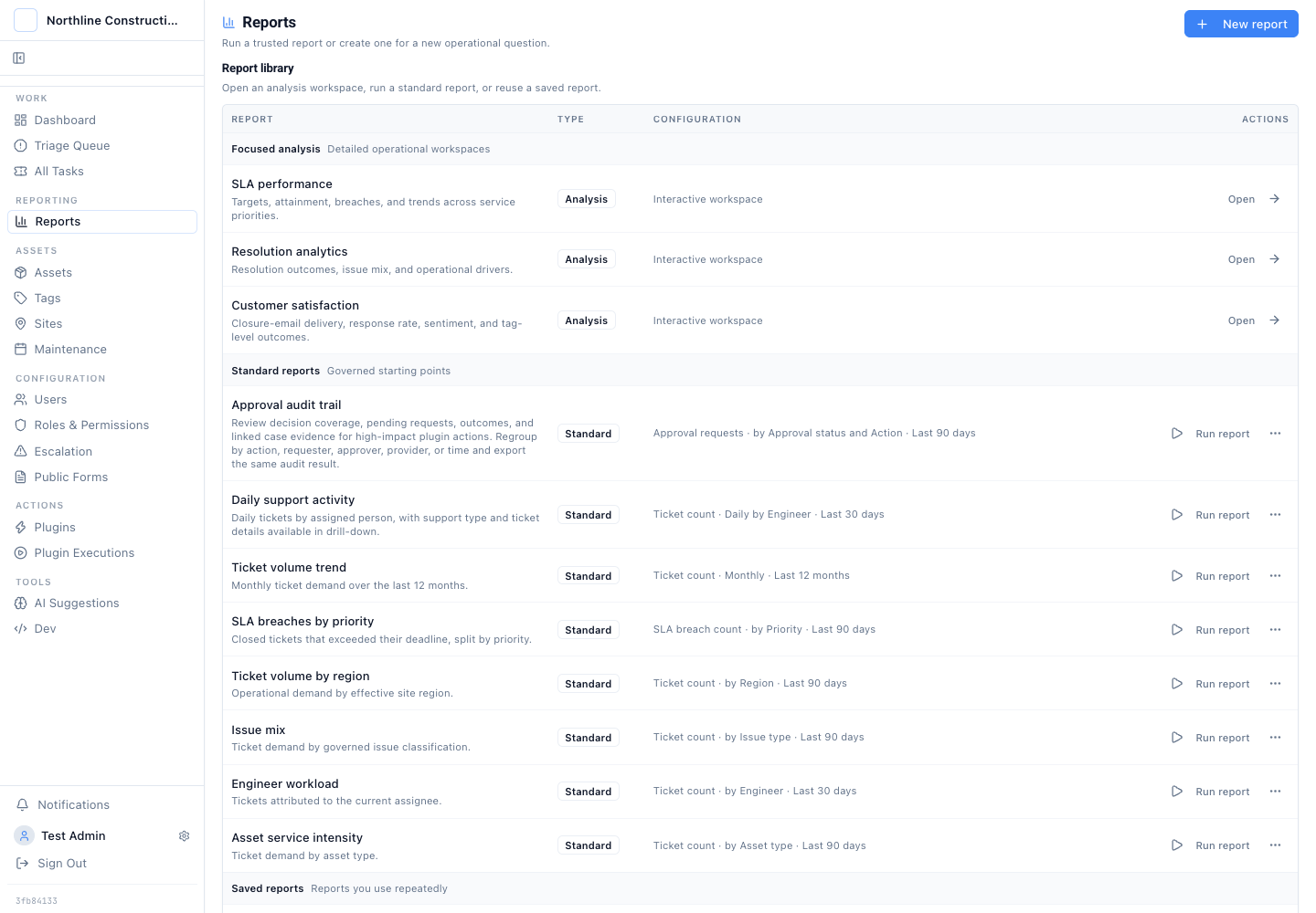 The Latch report library with Approval audit trail listed as a governed standard report