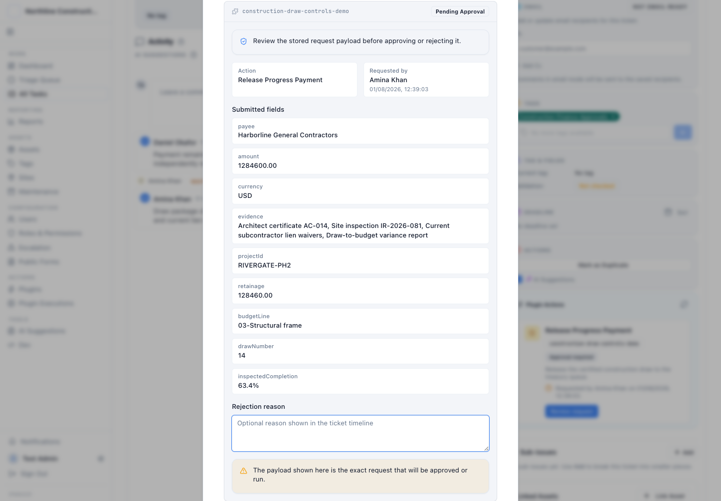 The review approval request dialog showing the exact stored Draw 14 payment payload and evidence