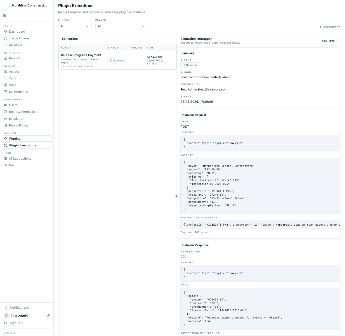 The Release Progress Payment execution record showing the approved request and downstream response evidence