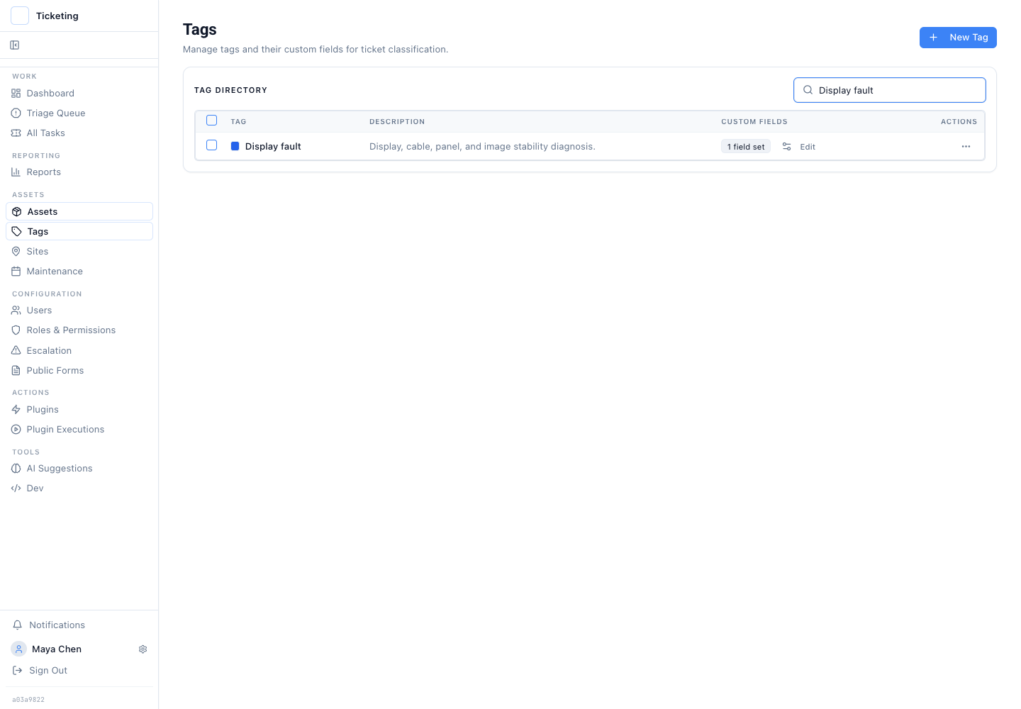 The Display fault classification in the issue tag directory.