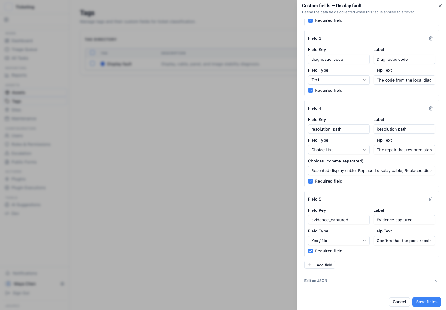 The custom-field editor with required rules applied to diagnostic, repair, and evidence fields.