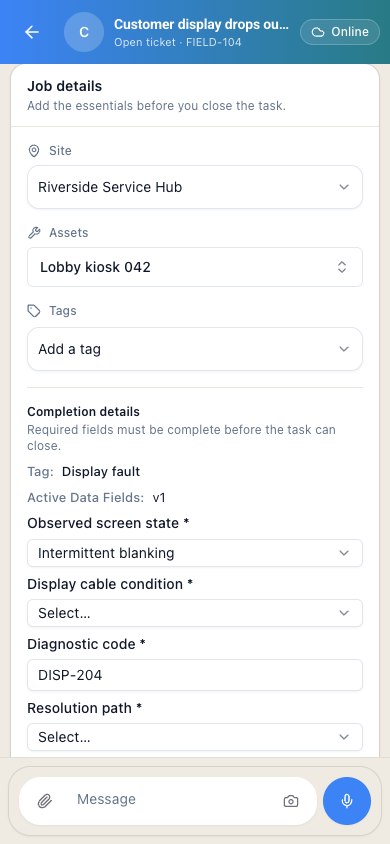 The mobile case with required cable condition and resolution fields still incomplete.