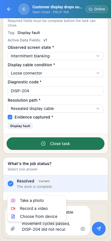The completed field values, post-repair note, and mobile media controls.