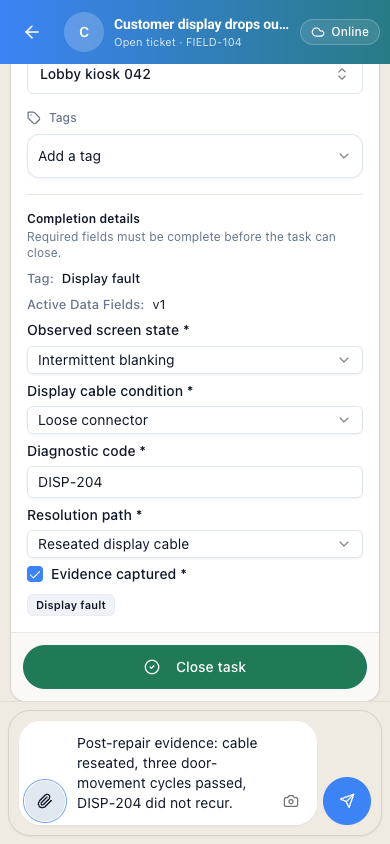 The completed evidence record with Close task enabled.