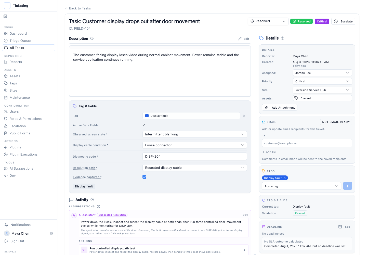 The case-level AI recommendation, reasoning, confidence, and proposed troubleshooting action.