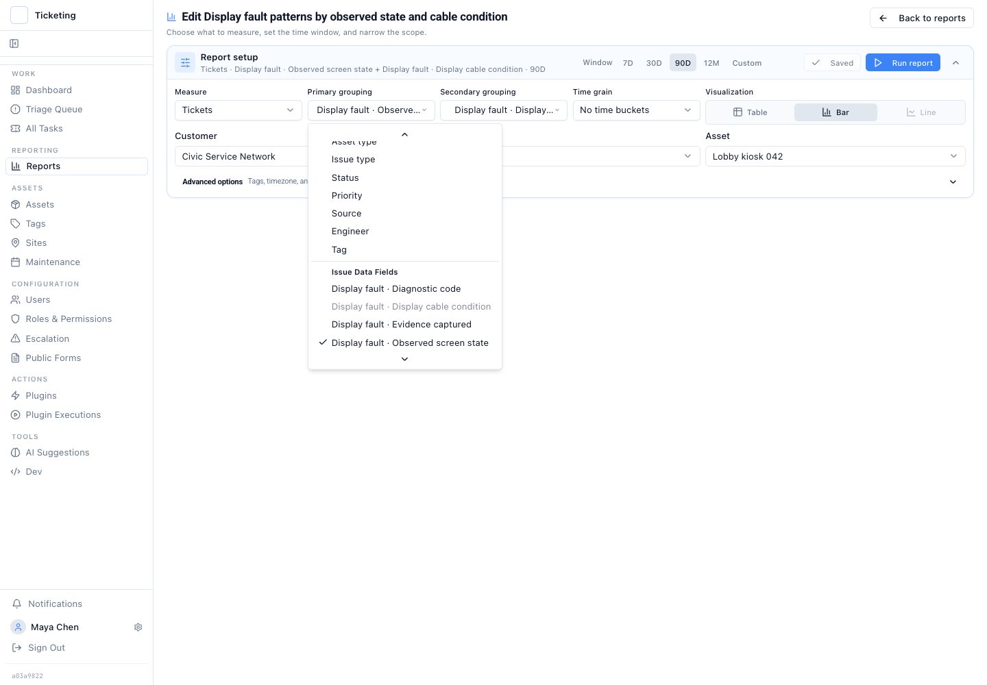 The report builder grouping menu showing namespaced Display fault Issue Data Fields.