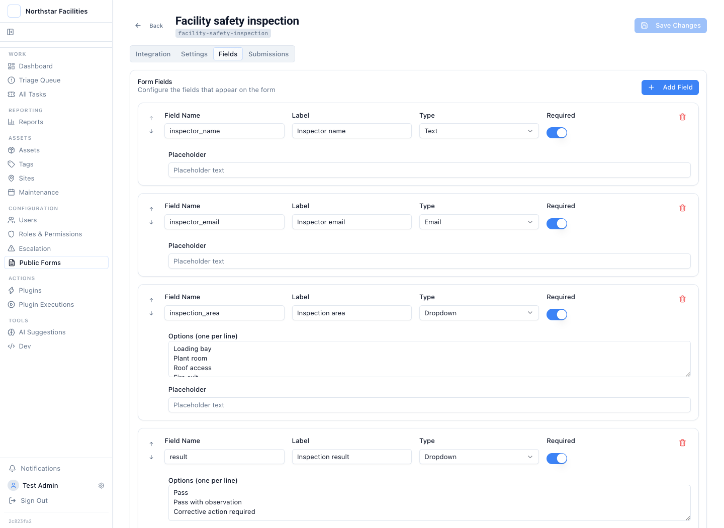 The Facility safety inspection form editor with required inspection fields.