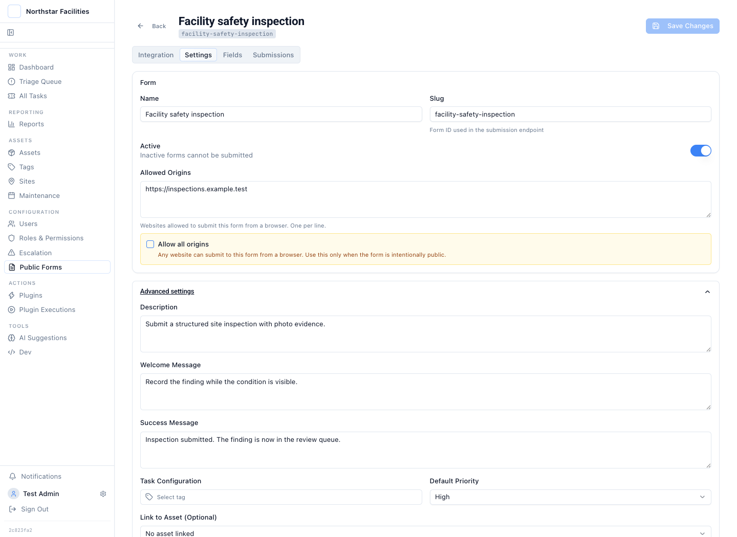 The inspection form settings with the Safety inspection type, priority, attachment controls, and rate limit.