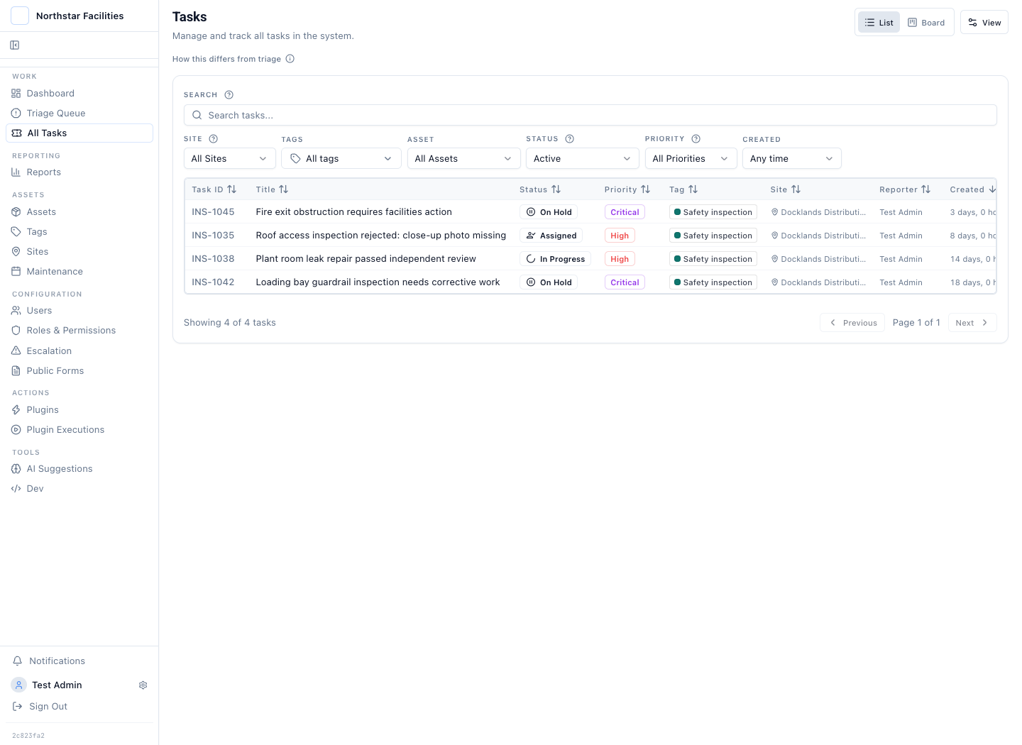The task queue showing pending, approved, rejected, and urgent inspection findings.