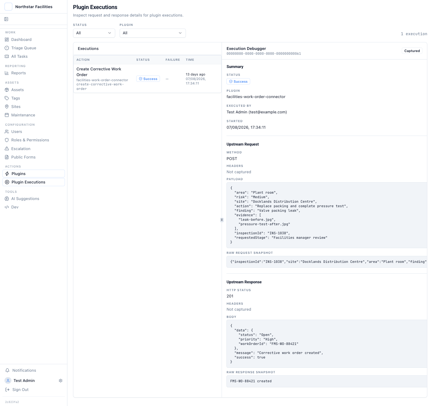 The plugin execution debugger with the approved request and upstream work-order response.