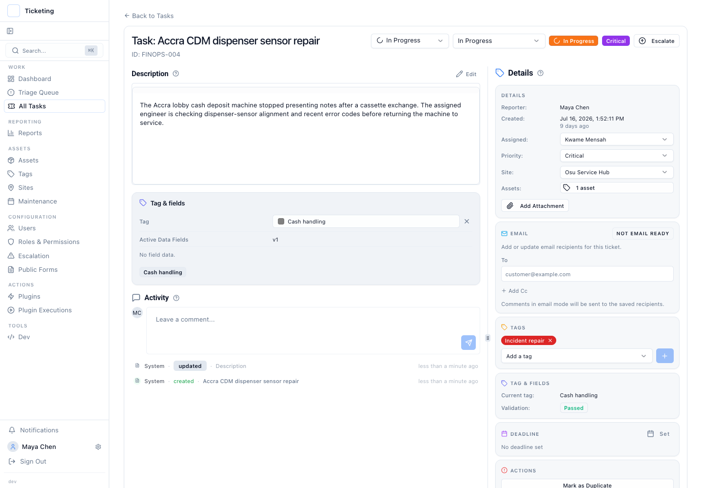 A financial-hardware service case with its site, asset, owner, and status