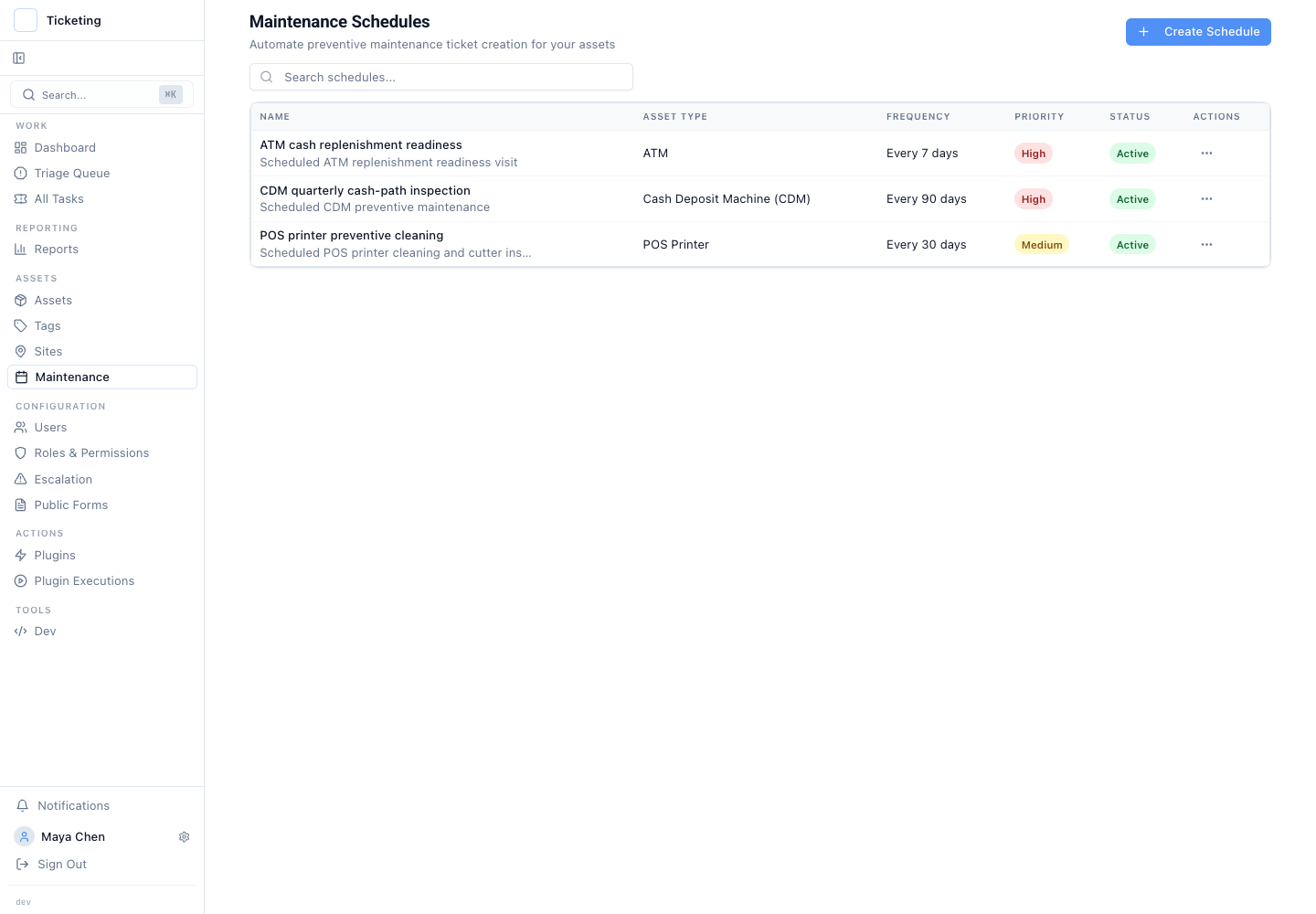 Active replenishment and preventive-maintenance schedules for finance hardware