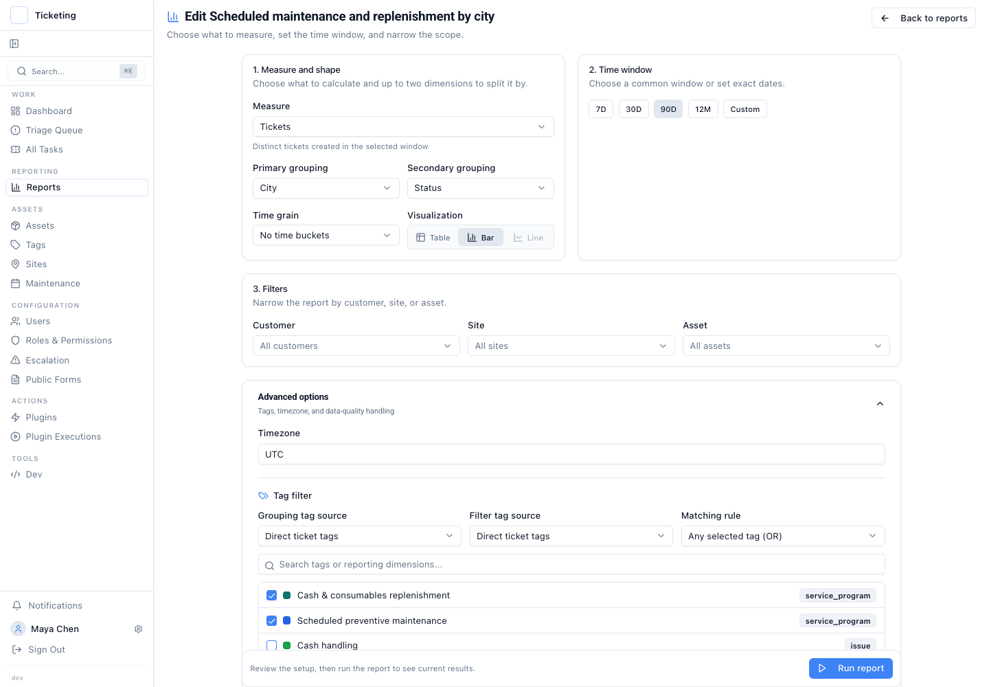 Report setup for scheduled maintenance and replenishment work