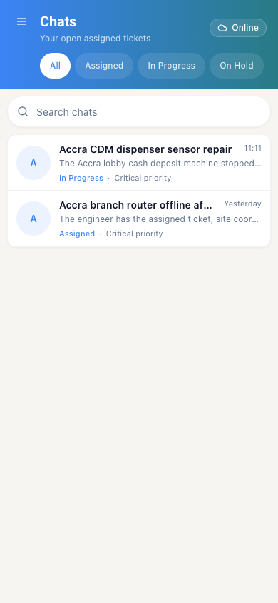 Field Engineer assignment queue for financial-hardware service work