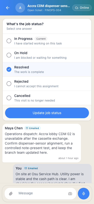 Explicit Resolved status selection and confirmation for a field job