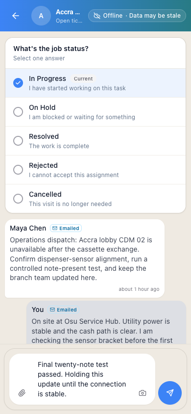Offline Field Engineer view preserving a final test-result draft