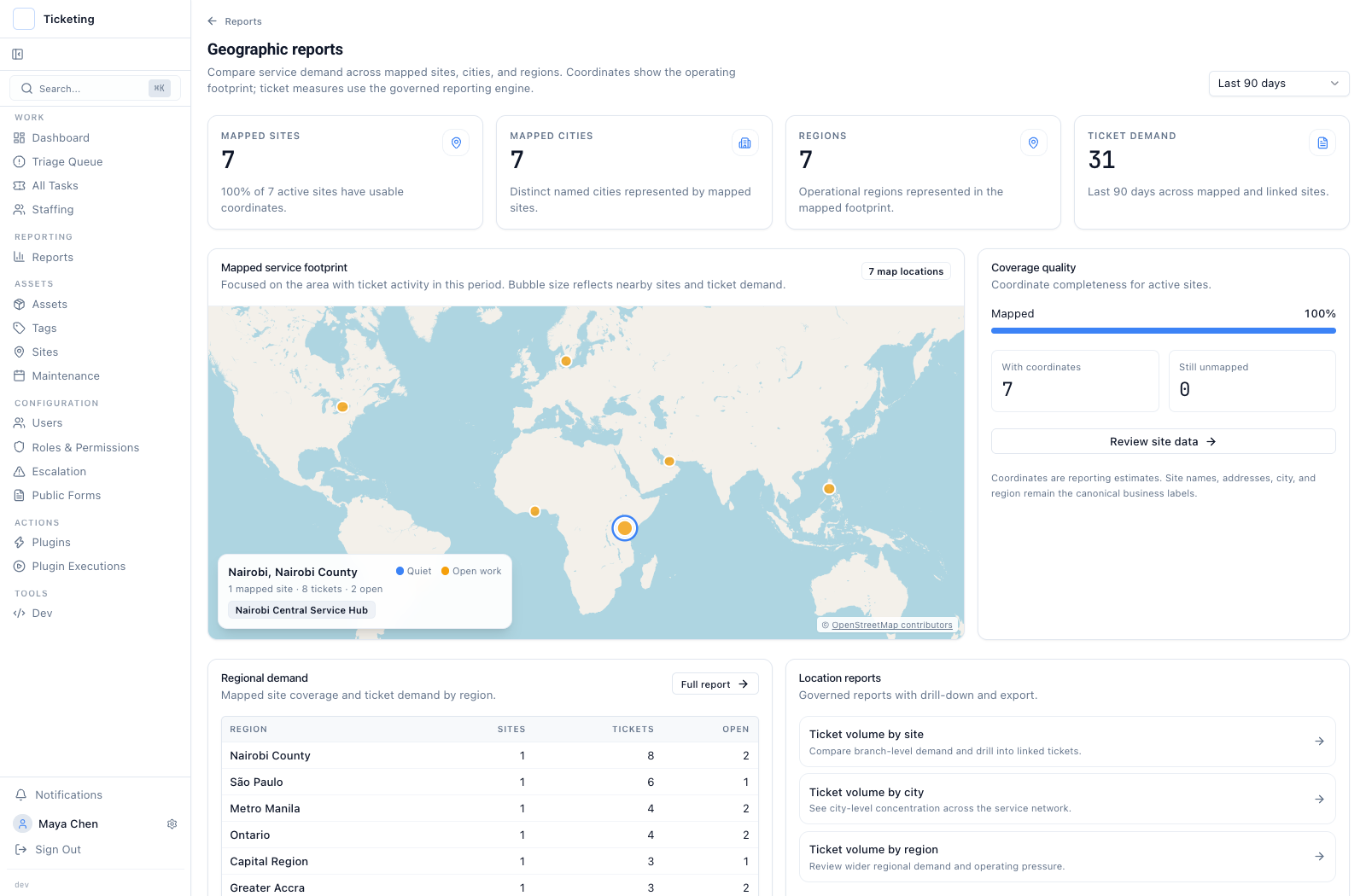 Geographic reports showing mapped sites, ticket demand, the service footprint map, coordinate coverage, and regional demand for fictional sample data.