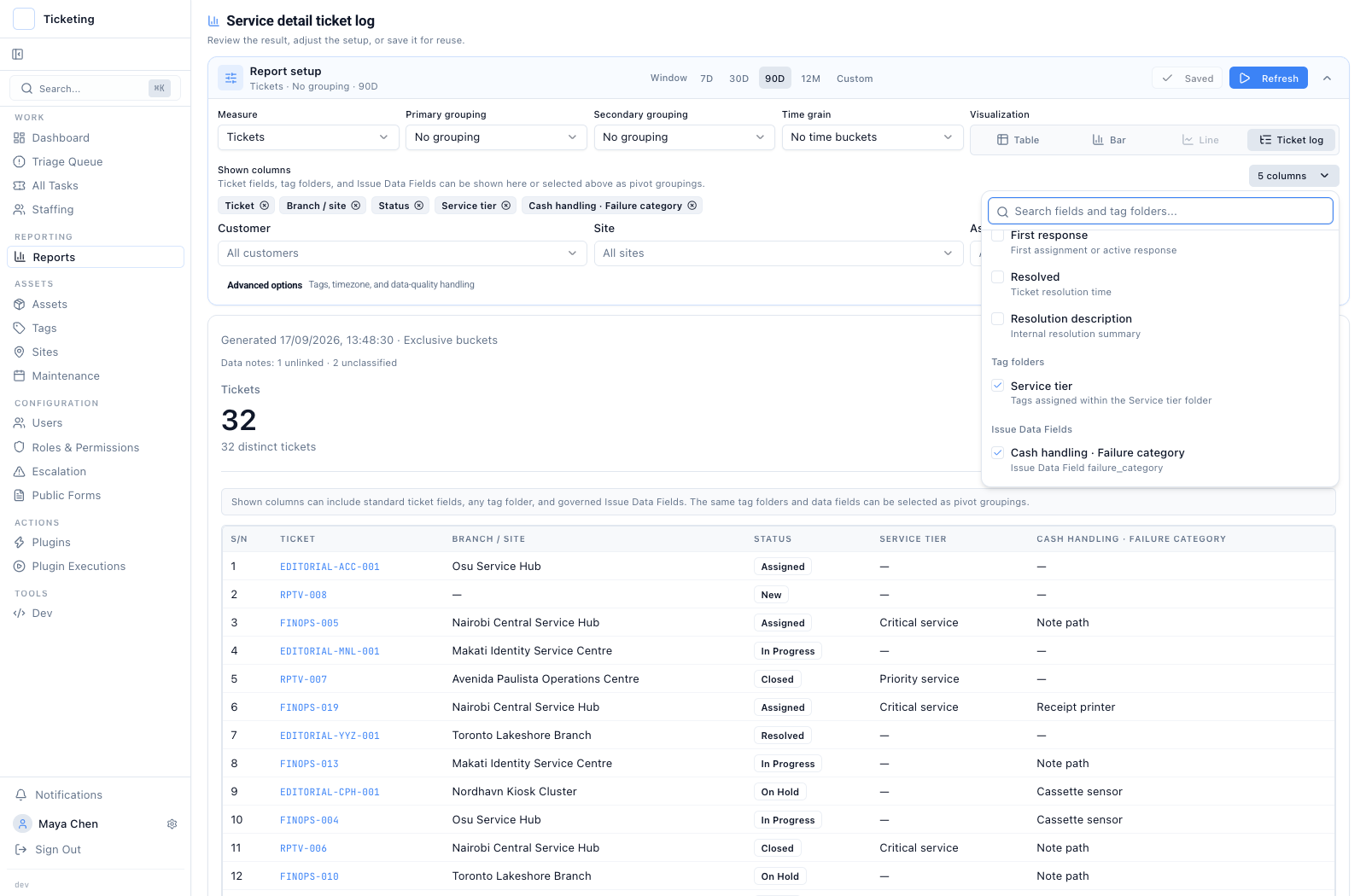 Shown-columns picker open to Tag folders and Issue Data Fields, with Service tier and Cash handling Failure category selected.