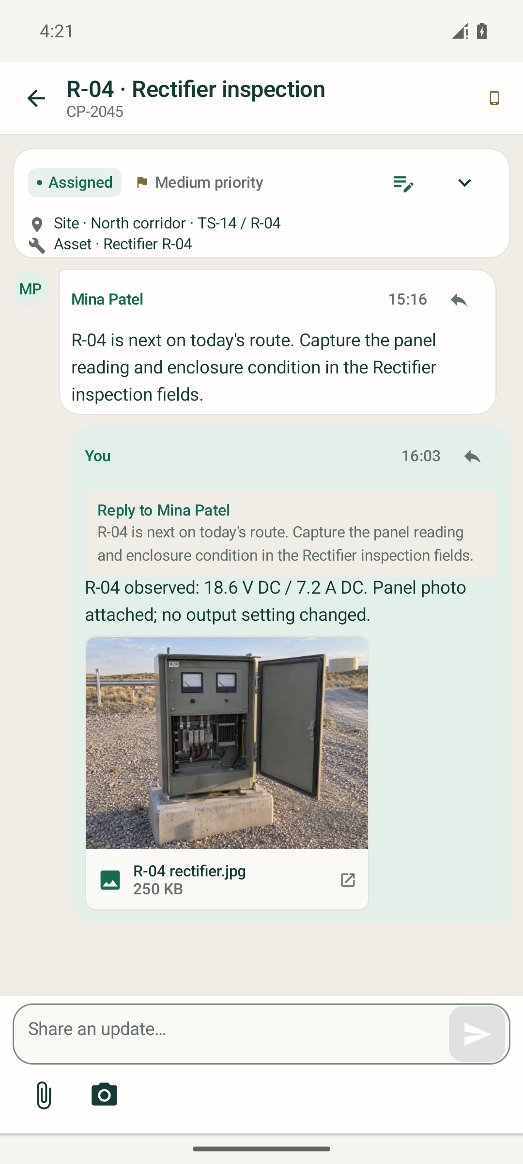 Native Latch Android R-04 rectifier job showing site and asset context, a threaded reply and an illustrative cabinet photo attachment