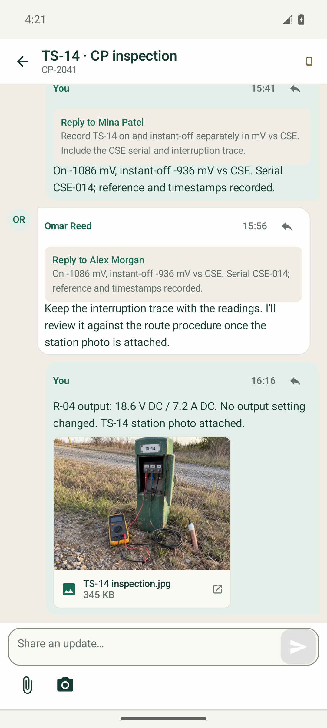 Native Latch Android TS-14 job showing threaded inspection updates, fictional readings and an illustrative test-station photo attachment