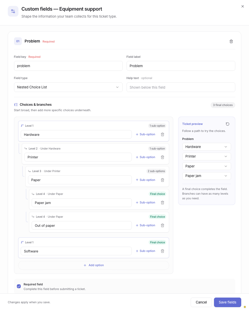 Custom field editor showing a nested Problem list and its ticket preview
