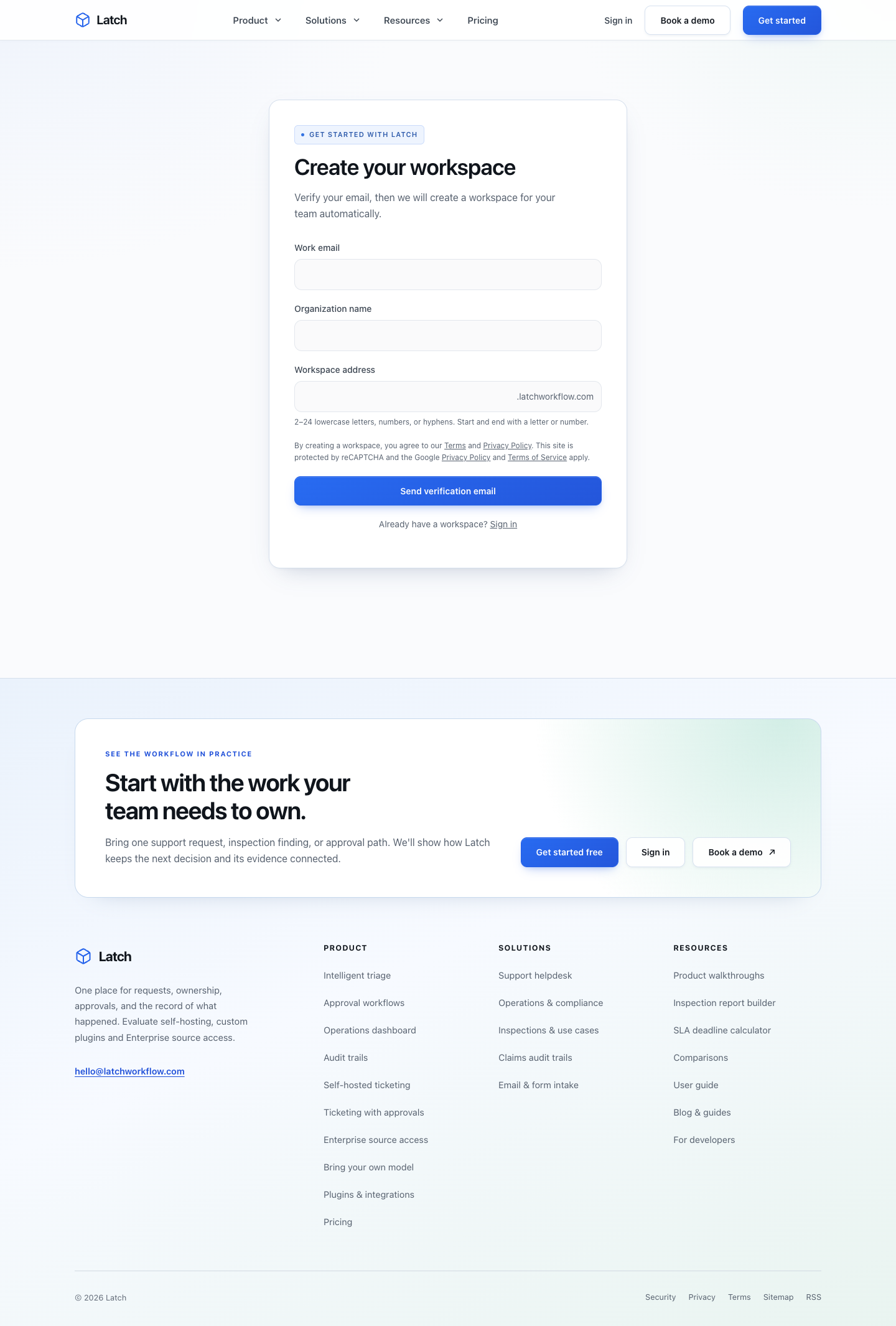 The public workspace signup form with its email and workspace fields