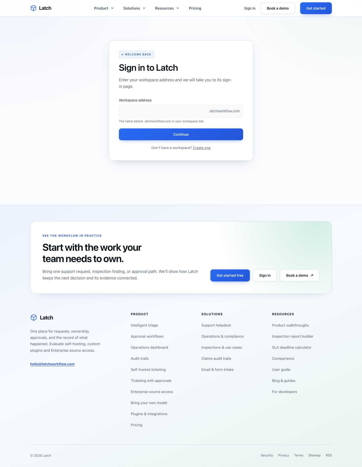 The public sign-in page with a workspace-address entry field