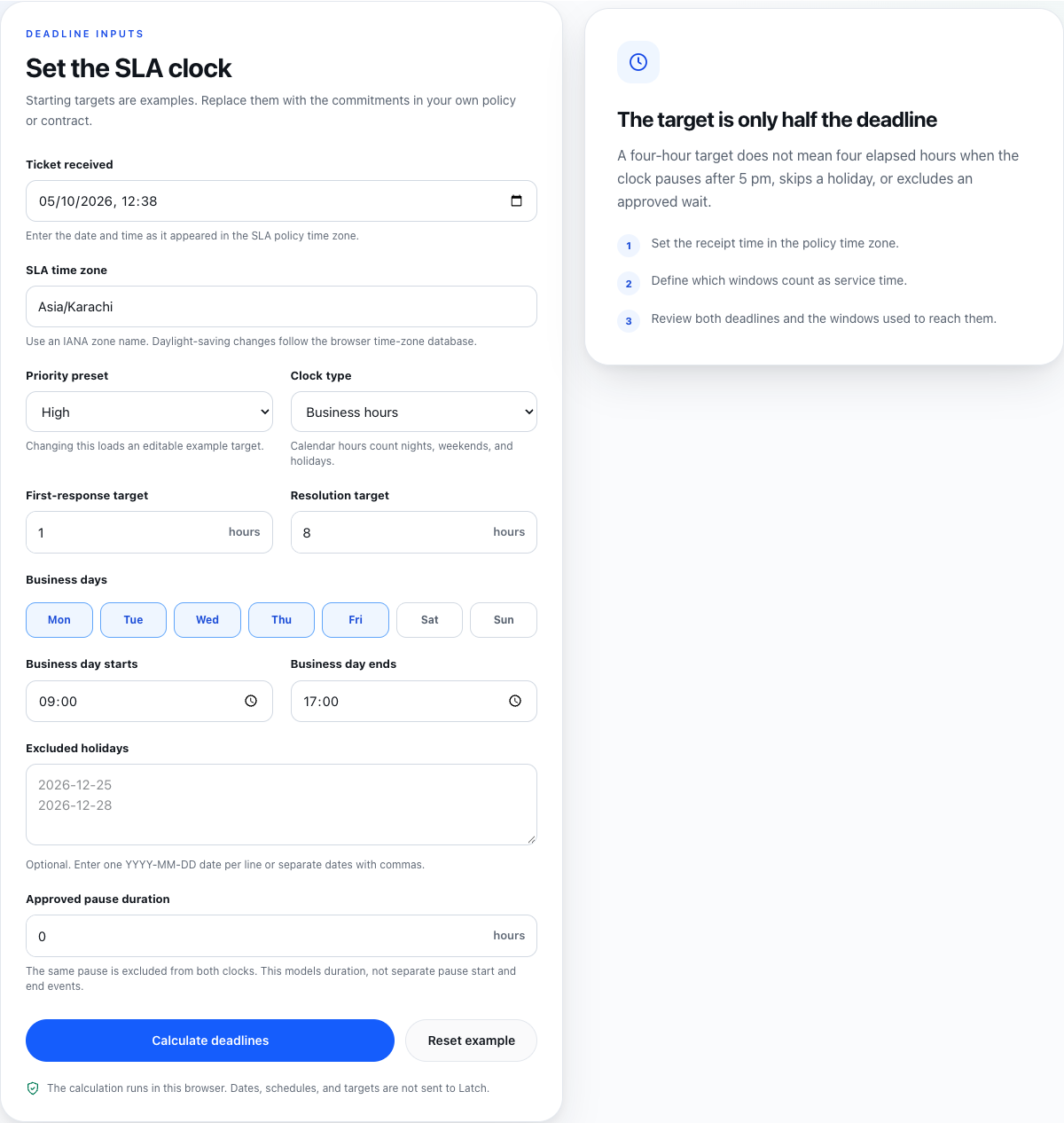 Public SLA deadline calculator inputs with its business-hours settings and explanation.