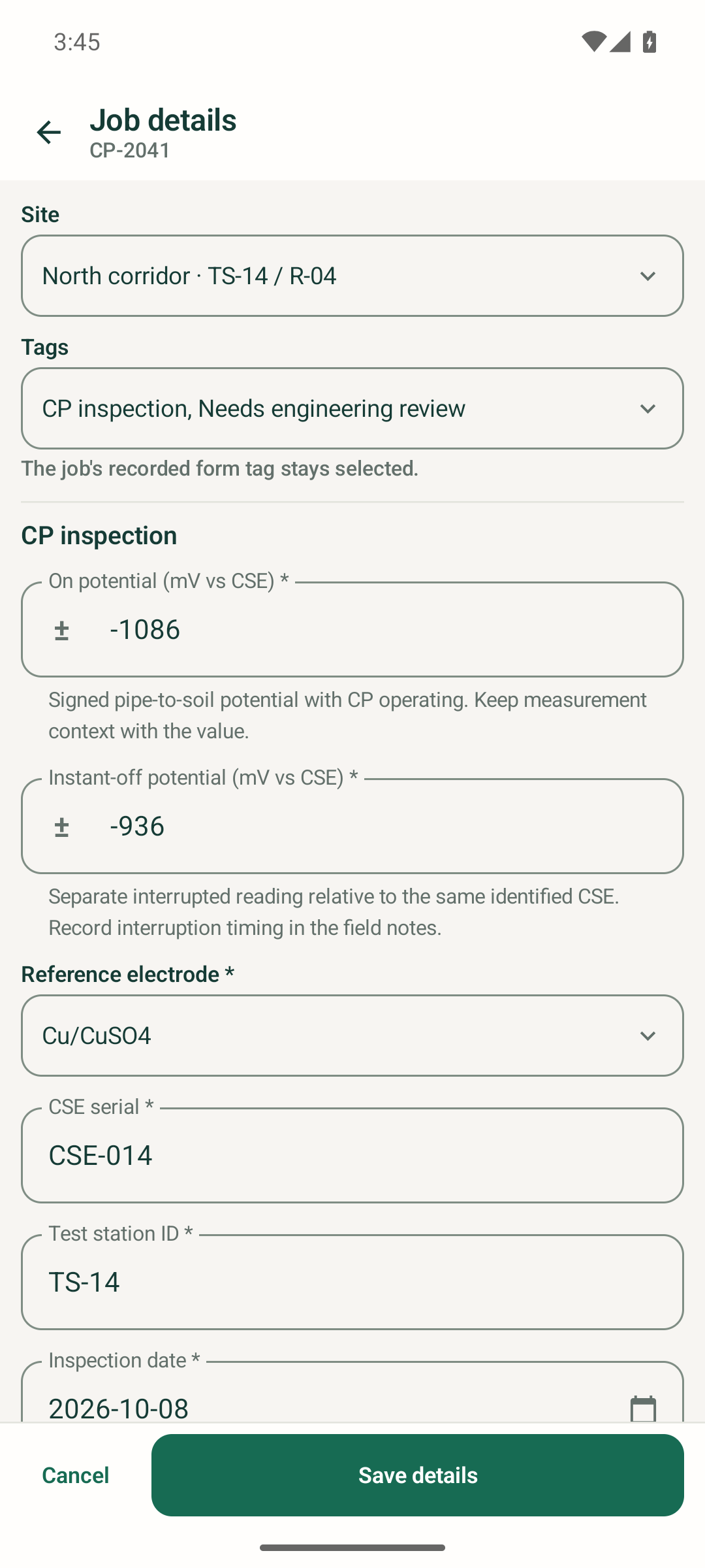 Latch Android CP inspection form with separate signed on and instant-off potential fields, reference electrode, CSE serial, test-station ID and inspection date