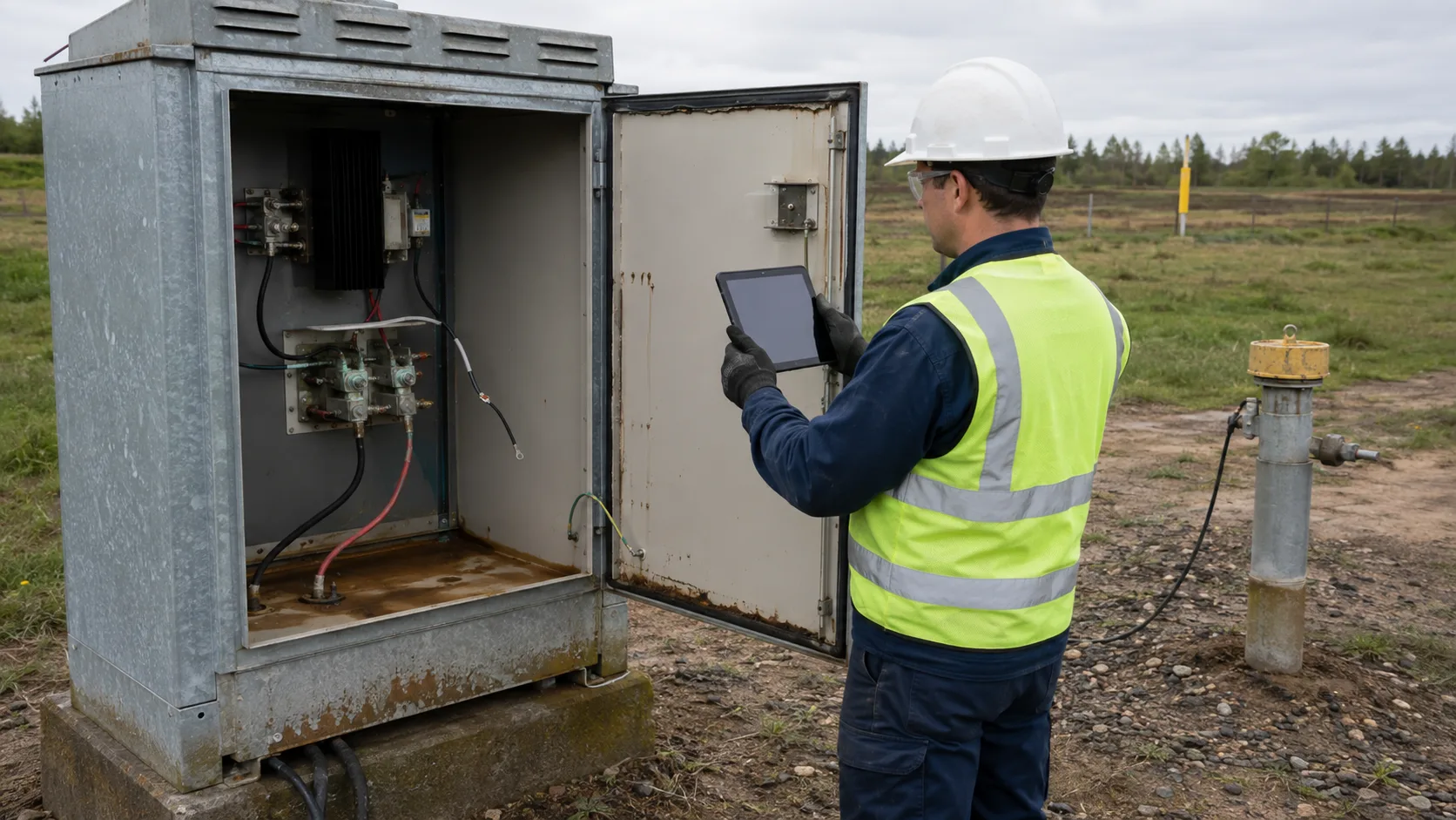 AI-generated illustration of a technician documenting a CP cabinet exception with terminal corrosion and water-ingress evidence