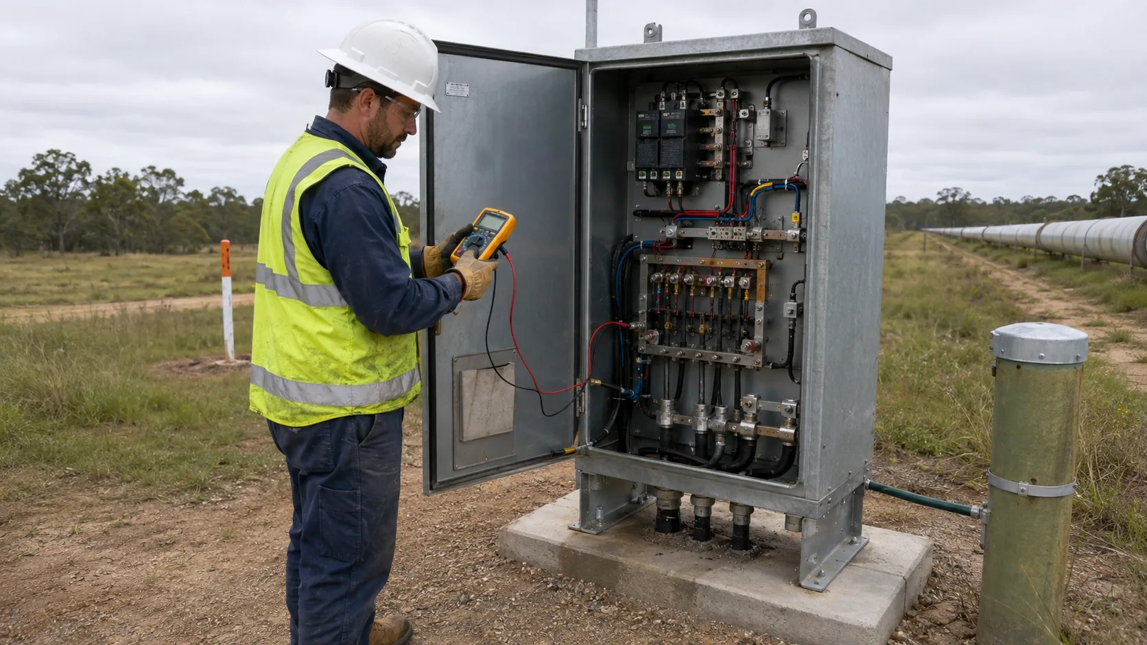 AI-generated positive CP inspection example showing clean cabinet terminals and a technician taking a reading