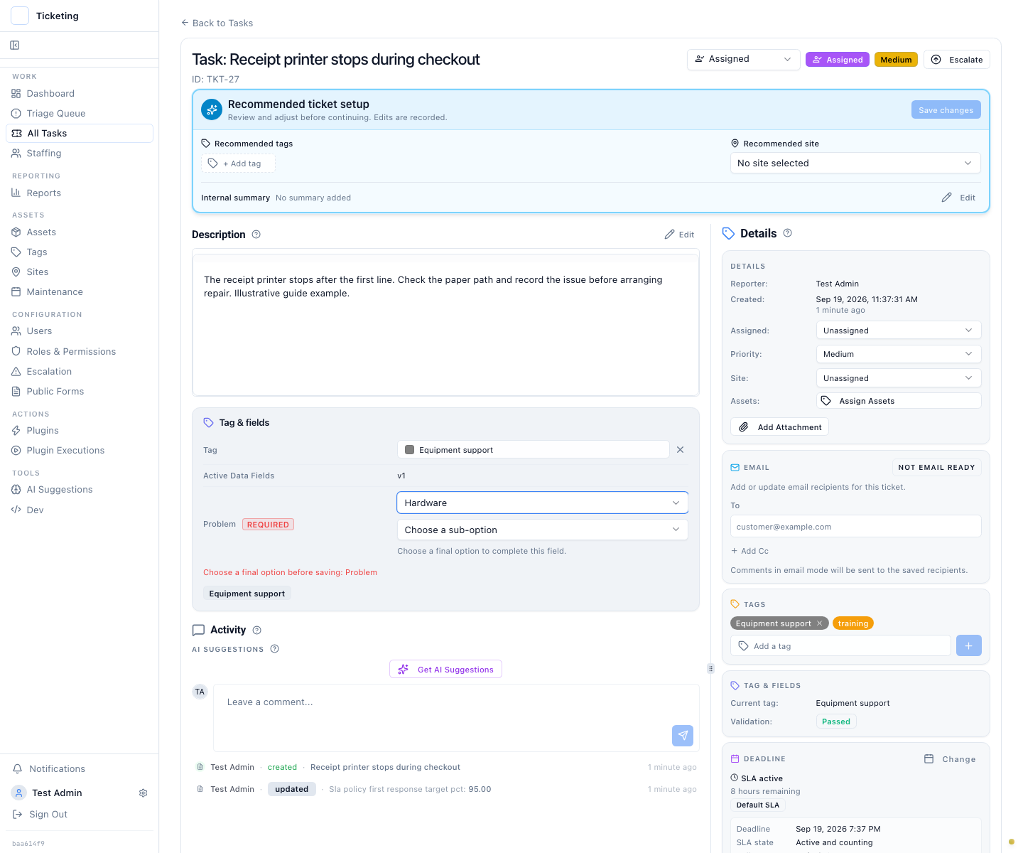 Equipment support ticket with Hardware selected, an empty sub-option dropdown, and a message to choose a final option before saving Problem.