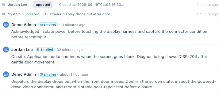 Ticket activity showing recorded changes and sample comments from Demo Admin and Jordan Lee, with authors and times.