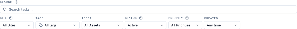 Task search and filters for site, tags, asset, status, priority, and creation date, with Status set to Active.