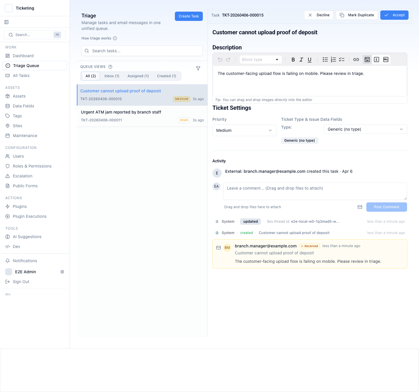 Unified triage queue showing incoming issues with inline case details