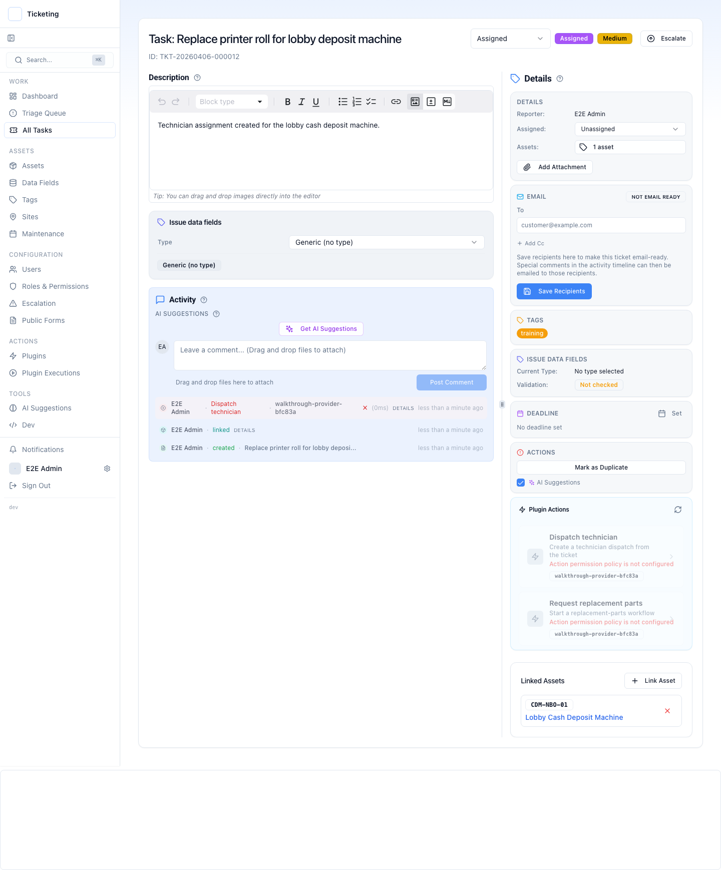 Case record showing description, status controls, plugin actions, activity timeline, and linked assets