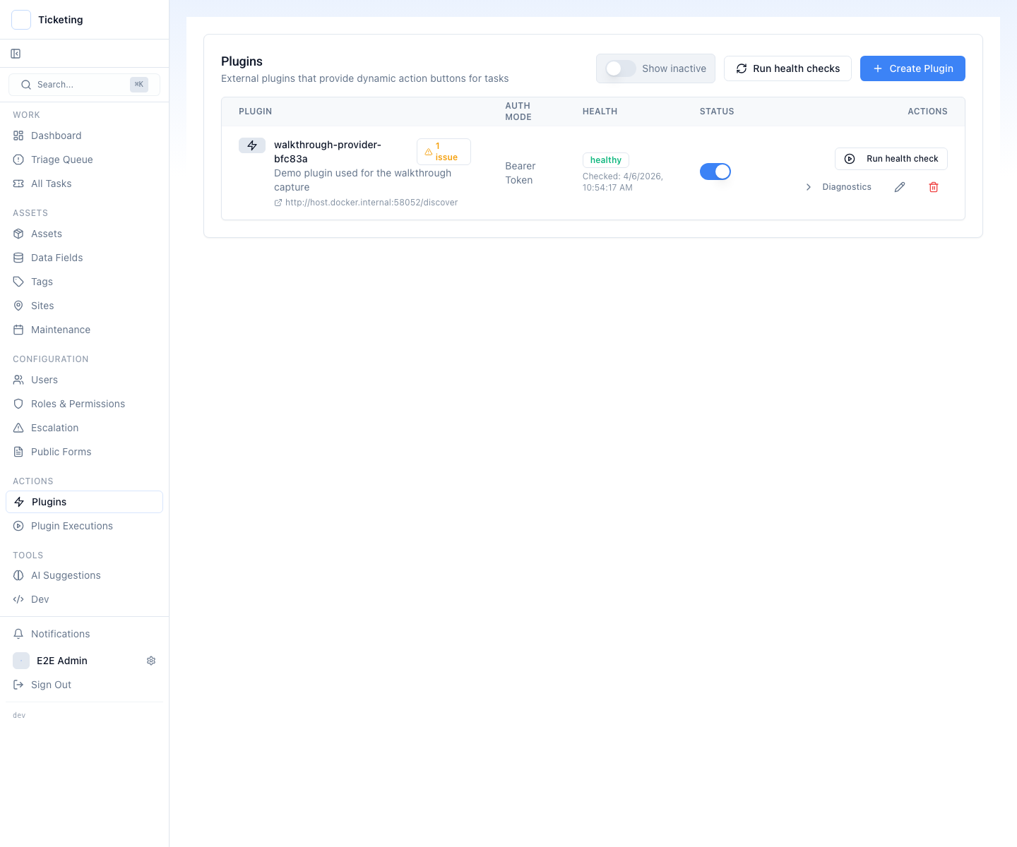 Plugin management showing configured action providers with endpoints and authentication